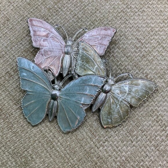 Vintage Jewelry - Kerissa Vintage Triple Butterfly Enamel Silver Tone Brooch